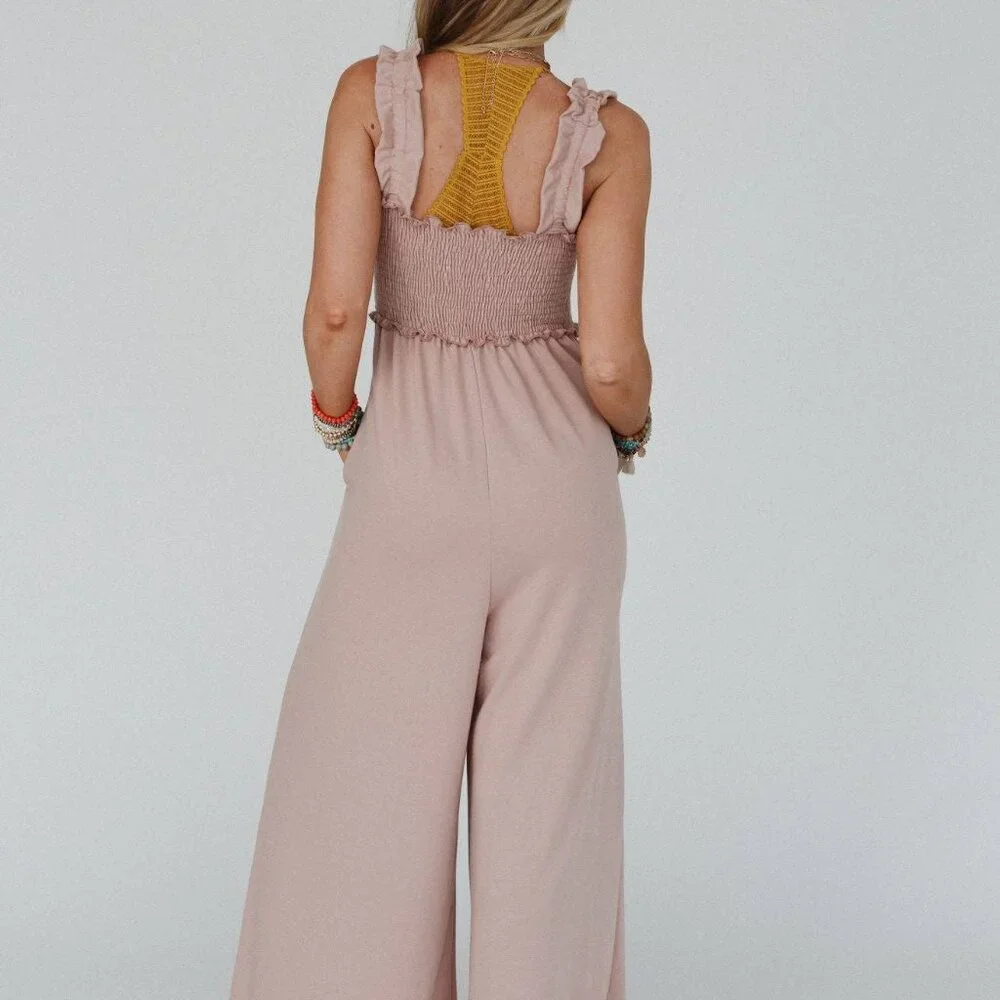 NWT THREE BIRD NEST Nothing Compares Smocked Ruffle Jumpsuit Dusty Rose Small - Picture 4 of 4
